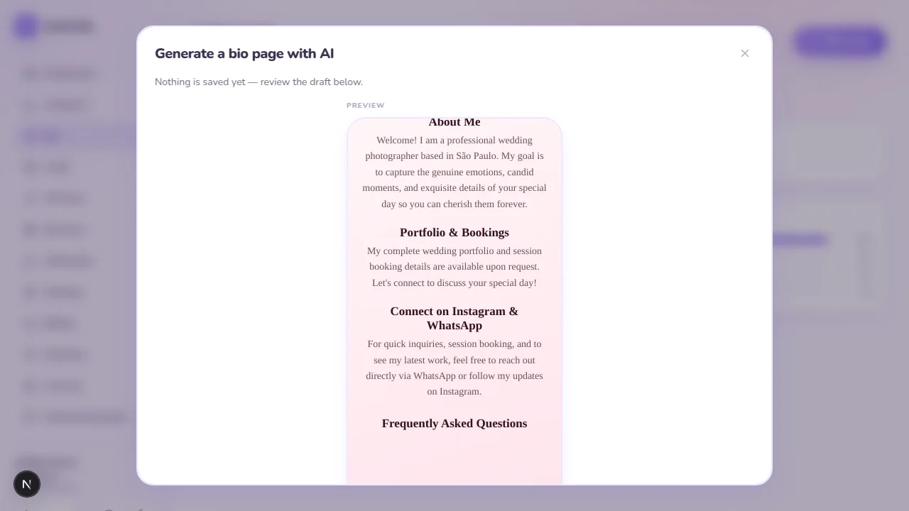 The woox.be bio editor with an AI-generated page draft in preview next to the block list.