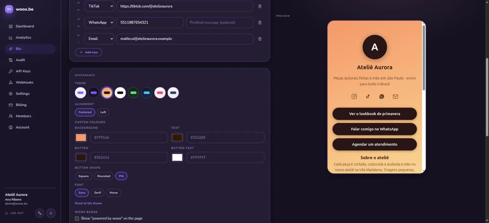 The bio page editor with a live preview
