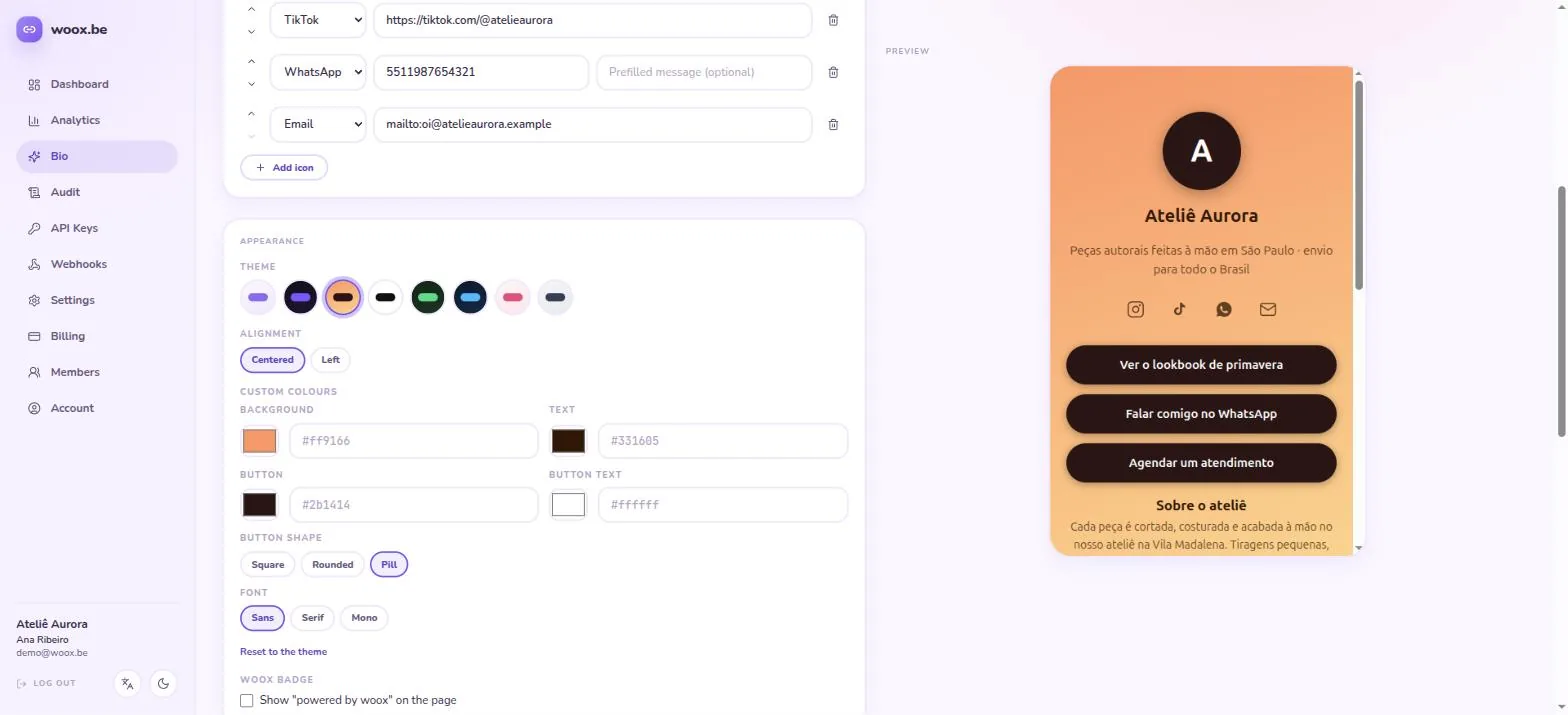 The bio page editor with a live preview