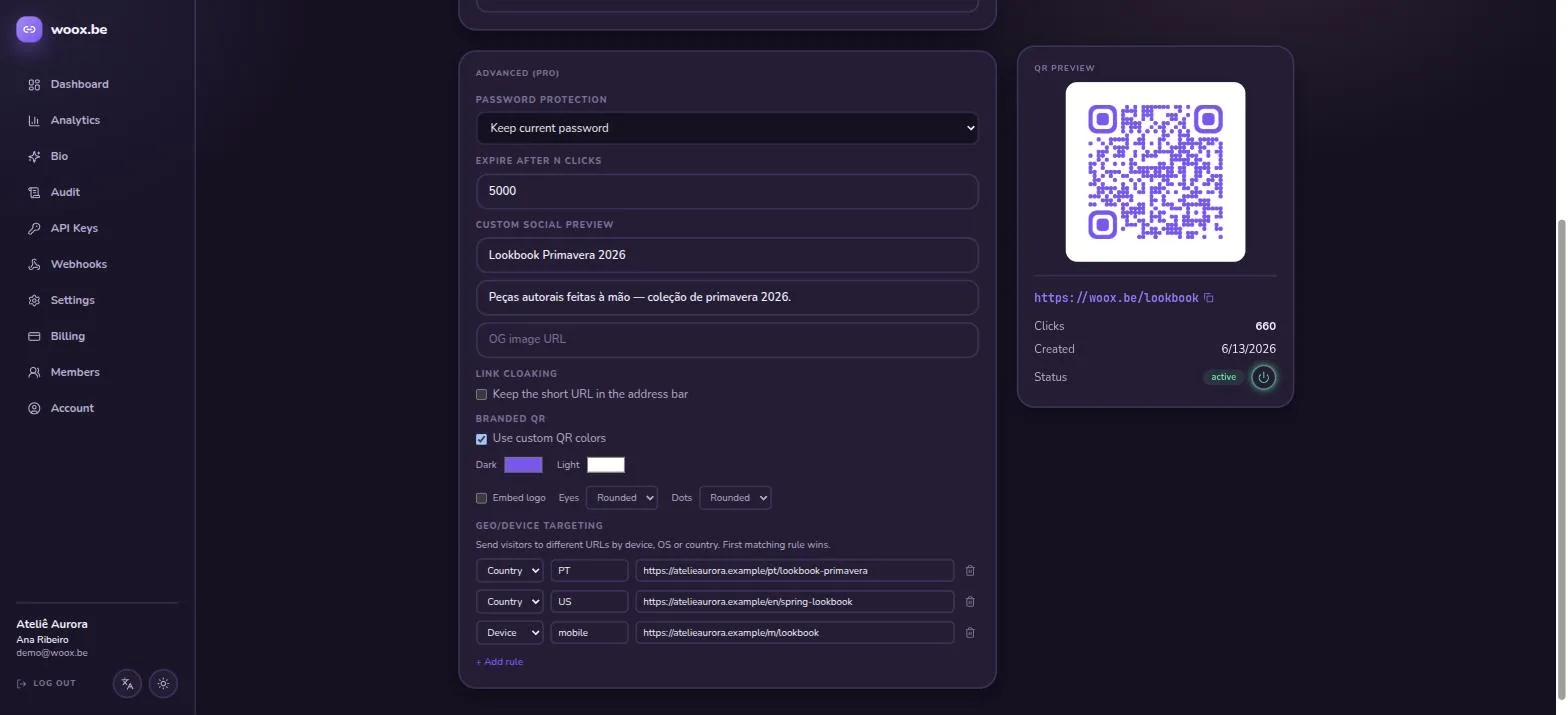 A short link with its QR code in the dashboard