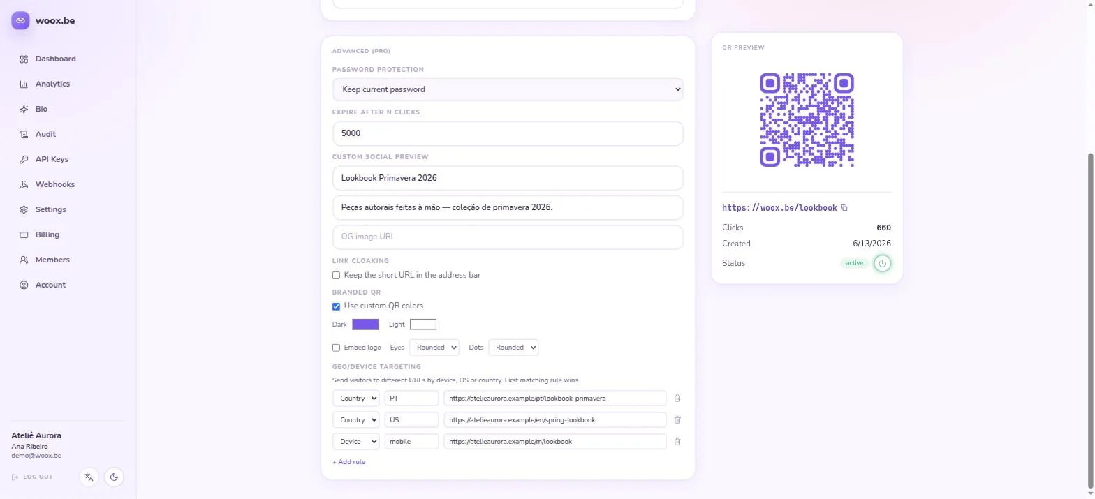 A short link with its QR code in the dashboard