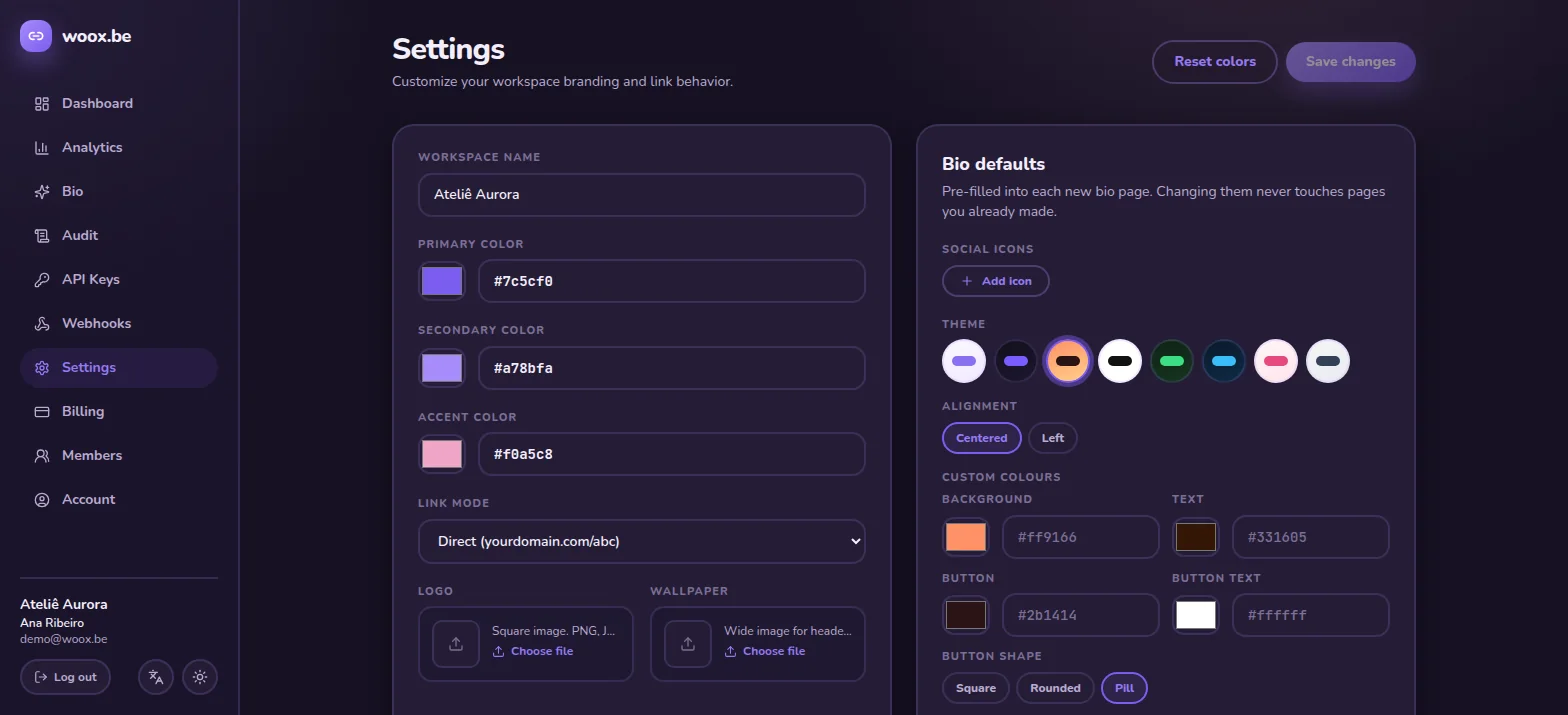 Workspace settings: brand colours, logo and link mode
