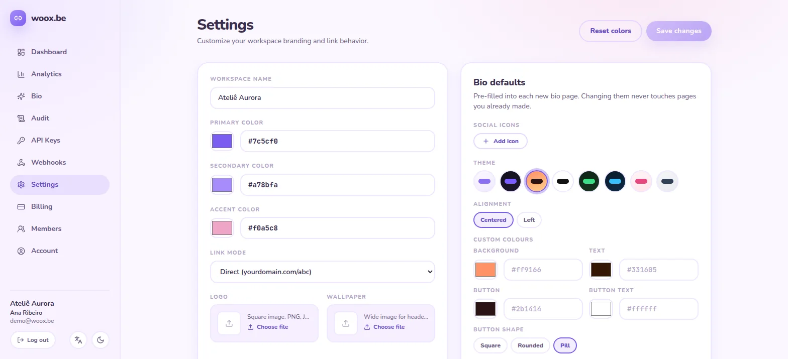 Workspace settings: brand colours, logo and link mode